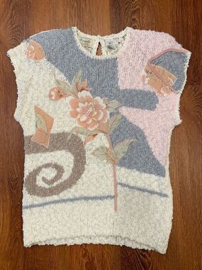 VTG 80s Margules Boucle Sweater Women’s M Multicolor Cap Sleeve Floral Applique
